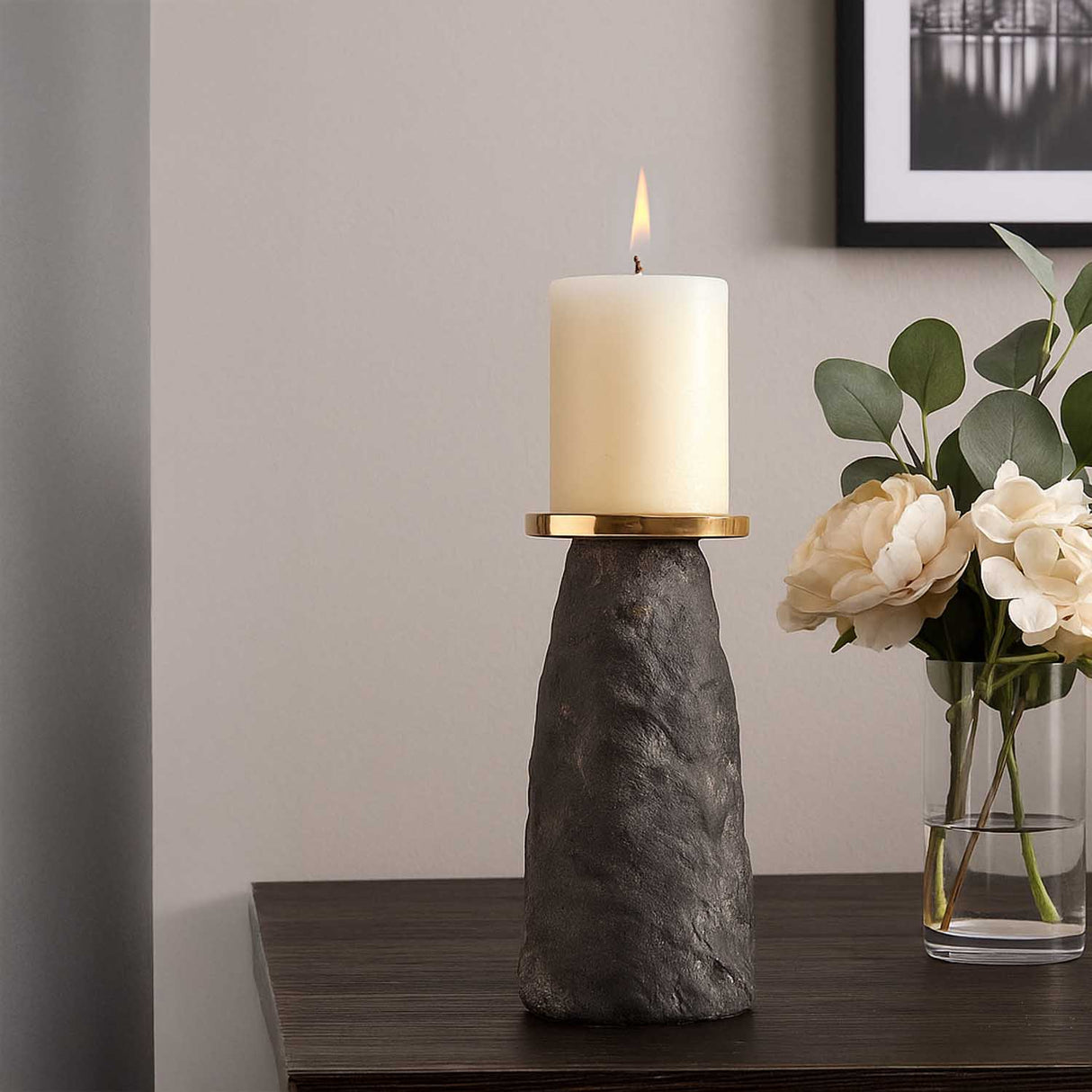 Decorative Ceramic Candle Stand Large- Gold and Grey