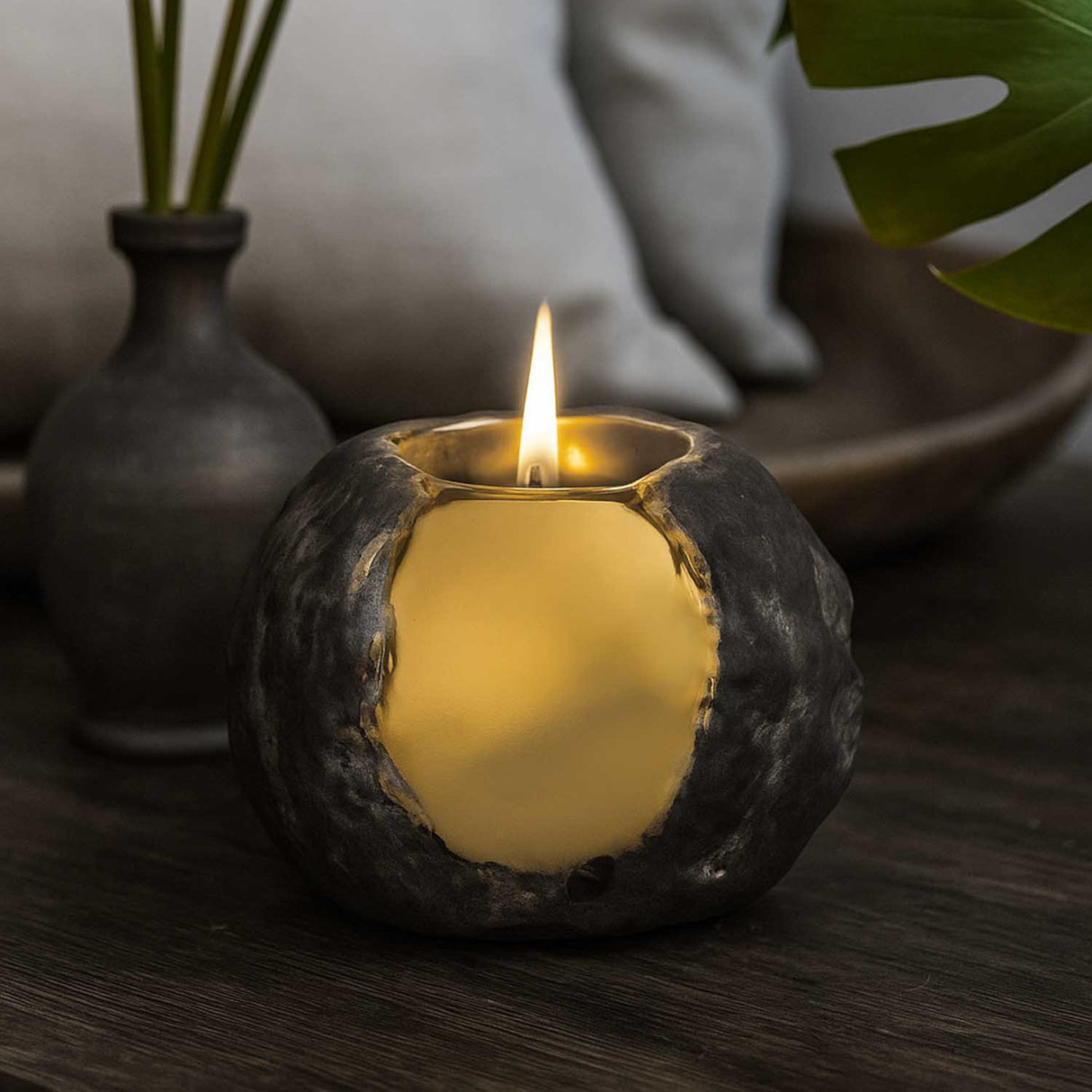 Decorative Round Ceramic Votive Candle Stand- Gold and Brown