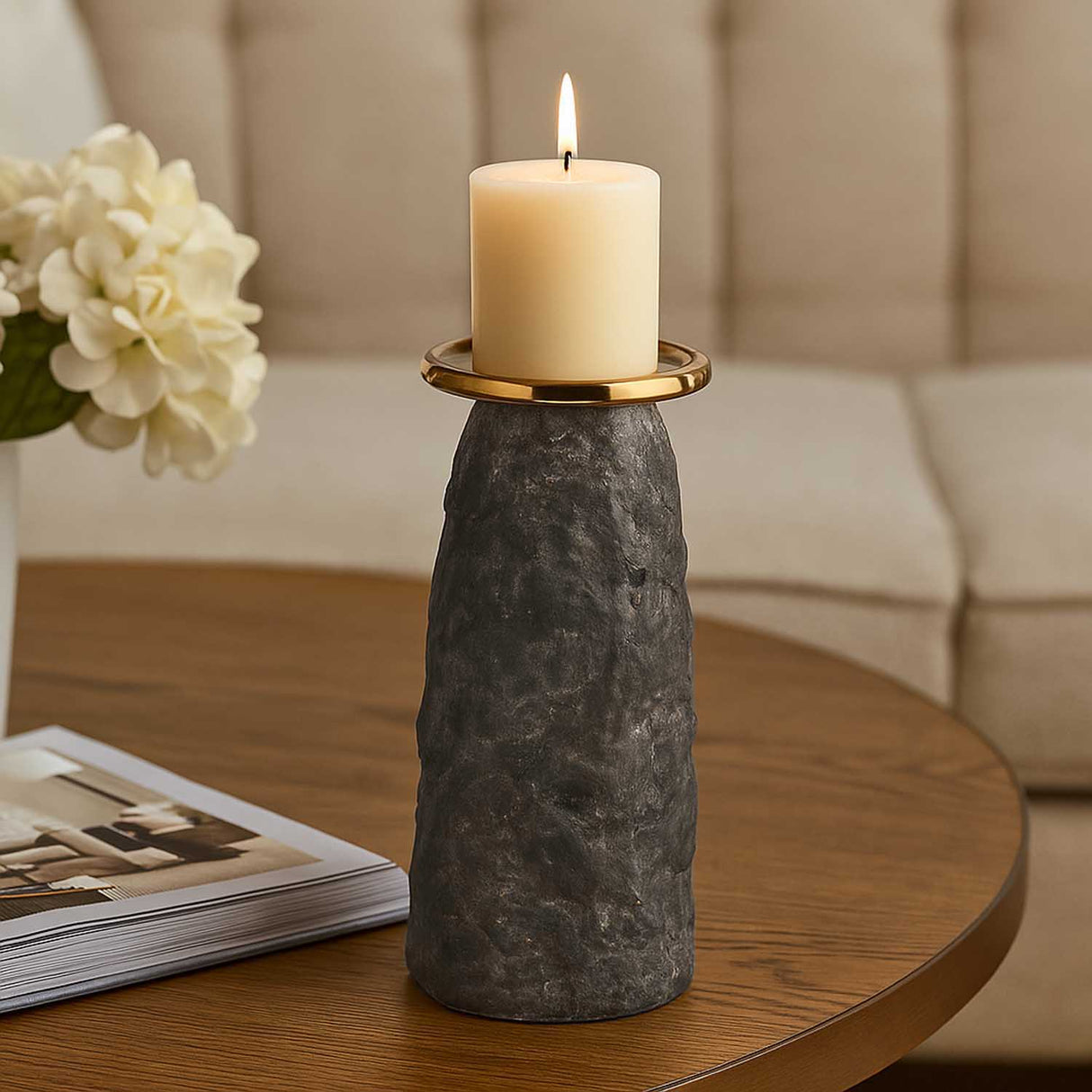Decorative Ceramic Candle Stand Small- Gold and Grey