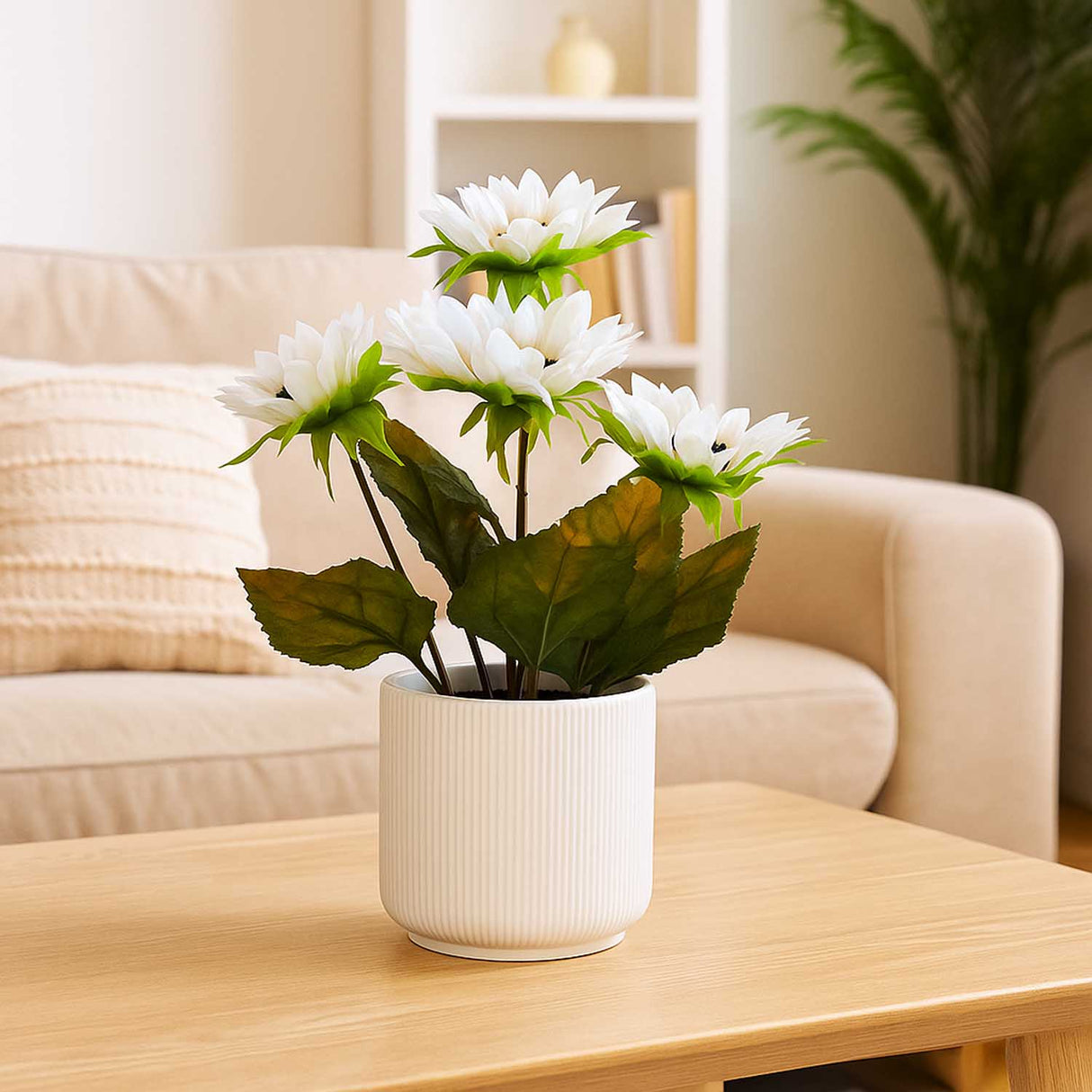 Artificial Sunflower Ceramic Potted Plant - White