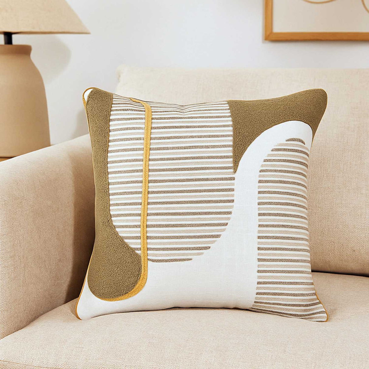 Strip Arch Cotton Cushion Cover- Beige