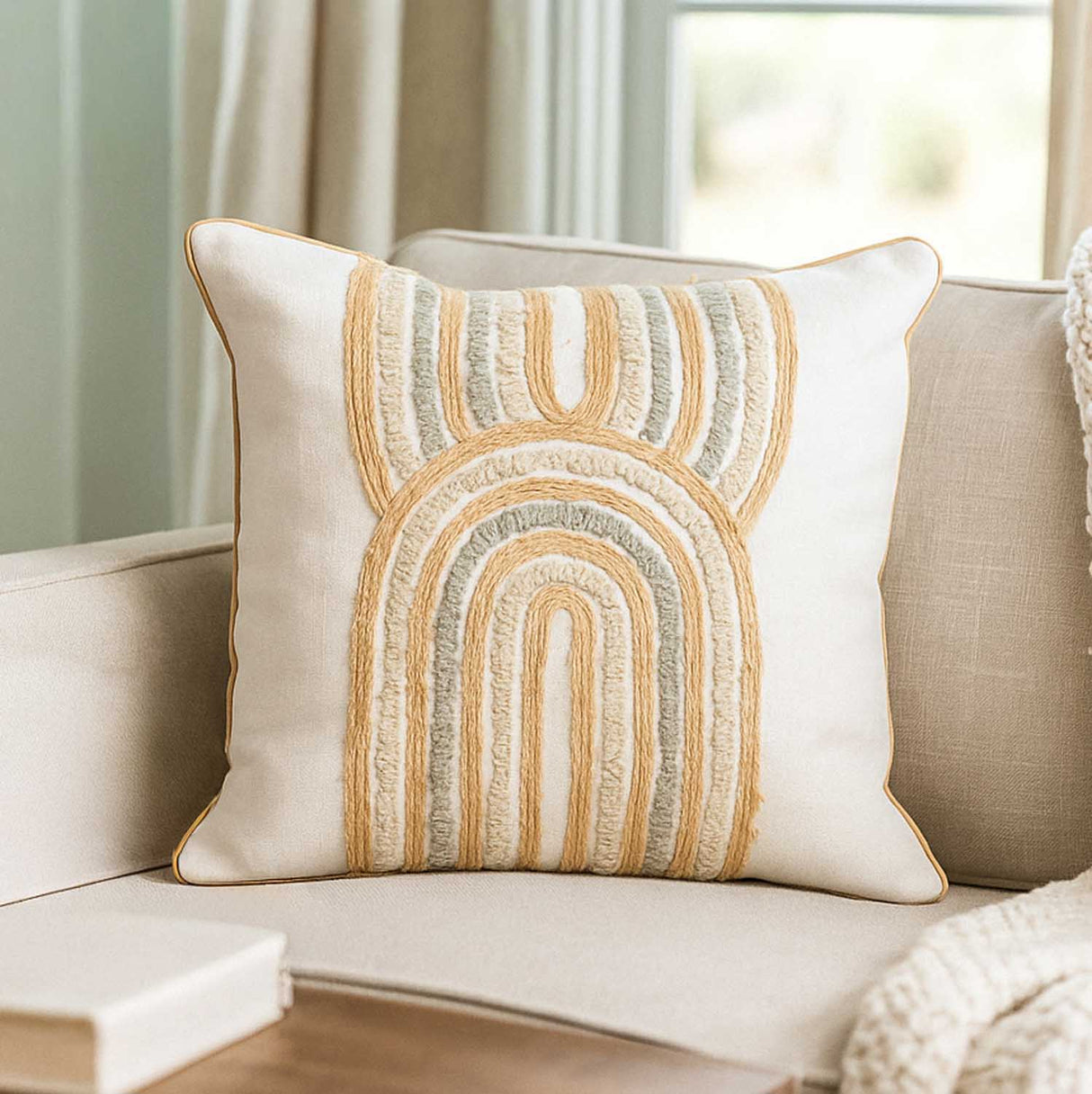 Dual Arch Cotton Cushion Cover- Beige and Grey
