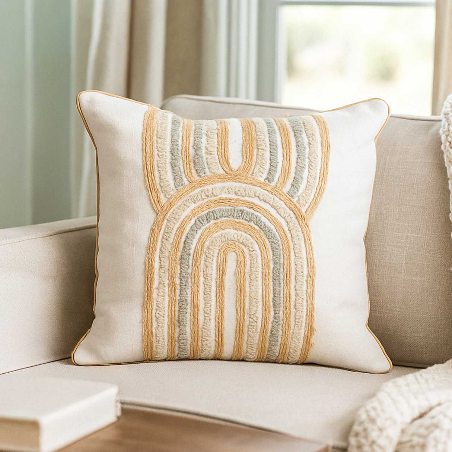 Dual Arch Cotton Cushion Cover- Beige and Grey