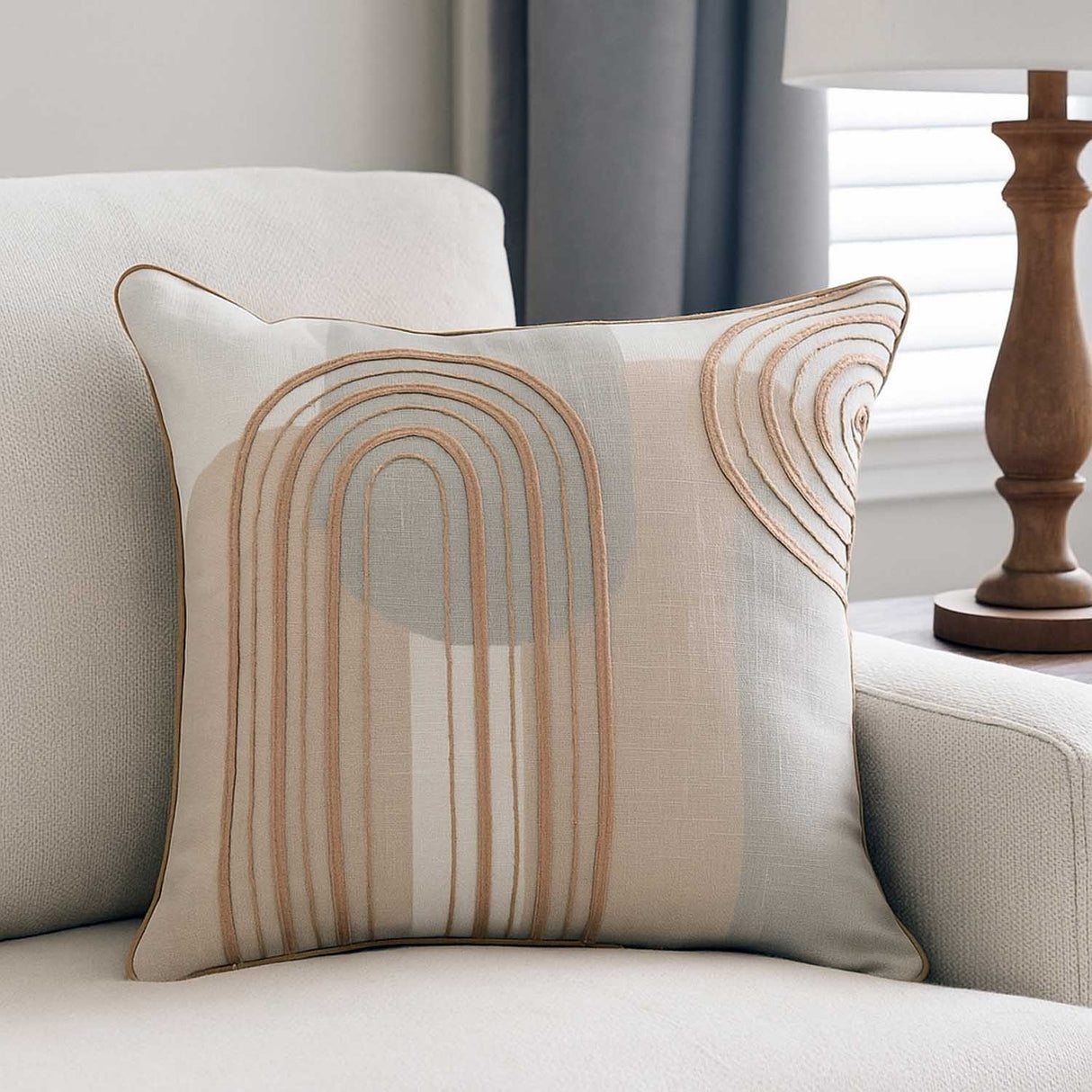 Dual Line Arch Cotton Cushion Cover- Beige and Grey