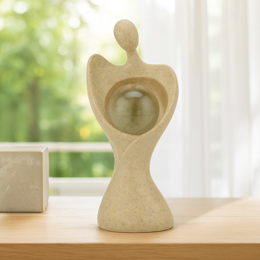 Abstract Human Holding Crystal Sphere Small Polyresin Showpiece- Sand Brown