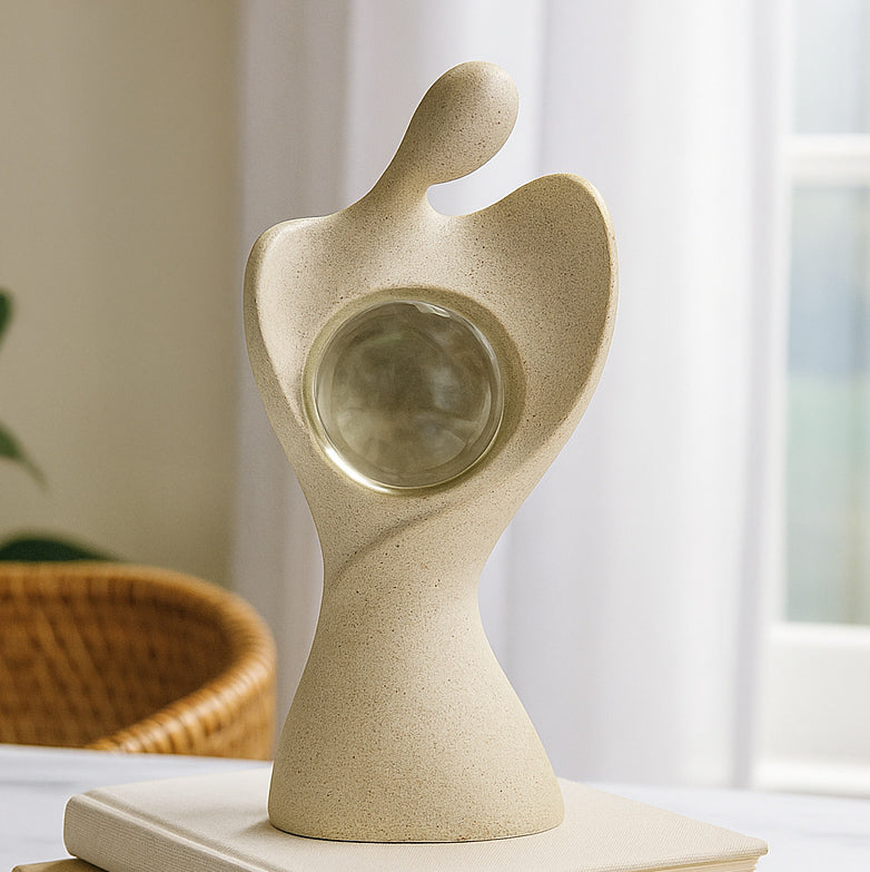 Abstract Human Holding Crystal Sphere Large Polyresin Showpiece- Sand Brown