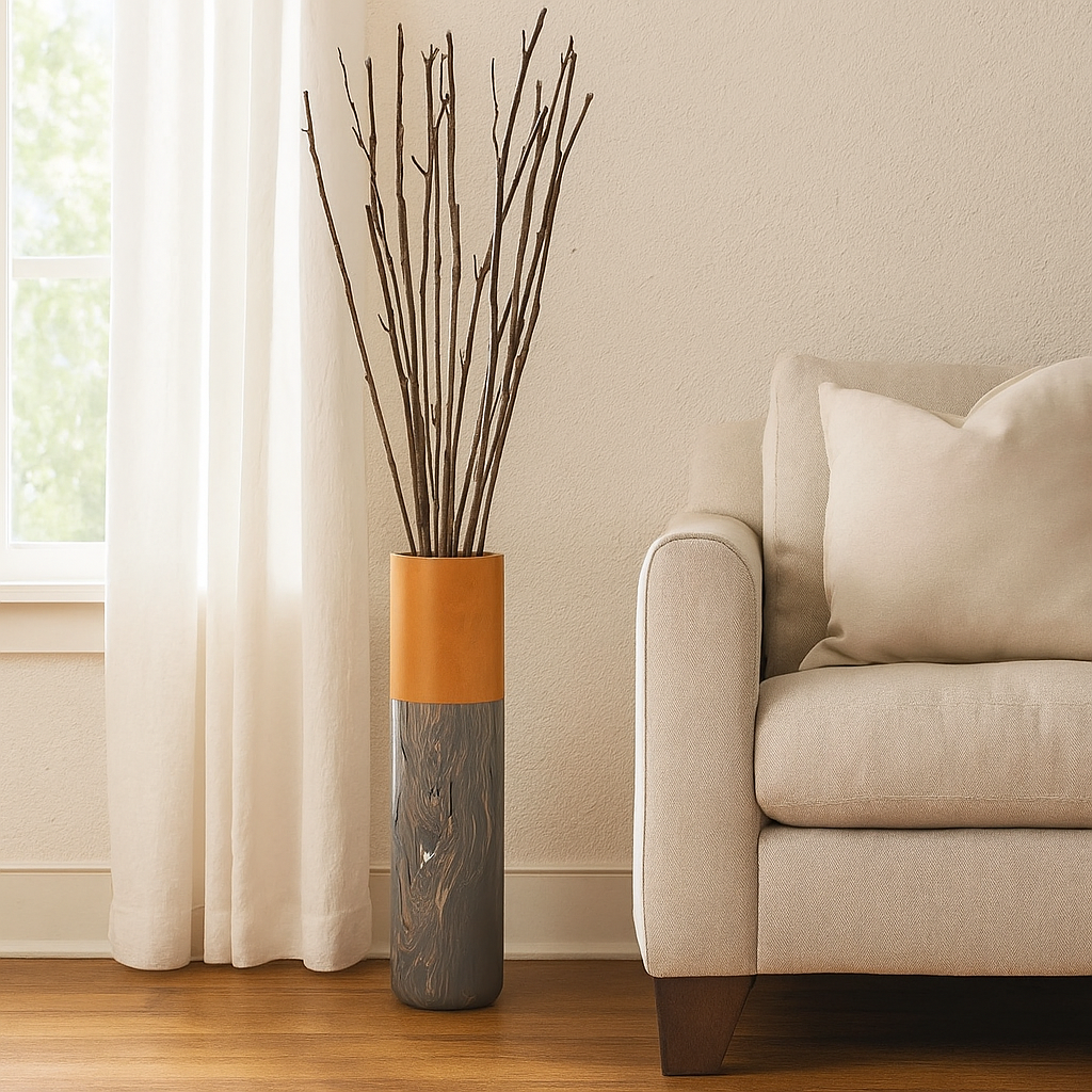 Dual Tone Wooden Floor Vase Marble Finish- Grey and Brown