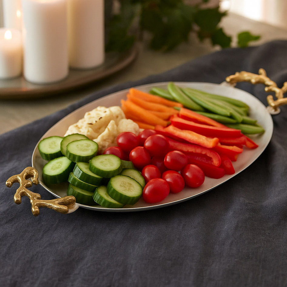 Oval Serving Platter with Golden Branch Handle Large- Beige and Gold