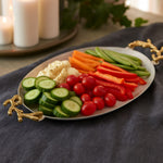 Oval Serving Platter with Golden Branch Handle Large- Beige and Gold