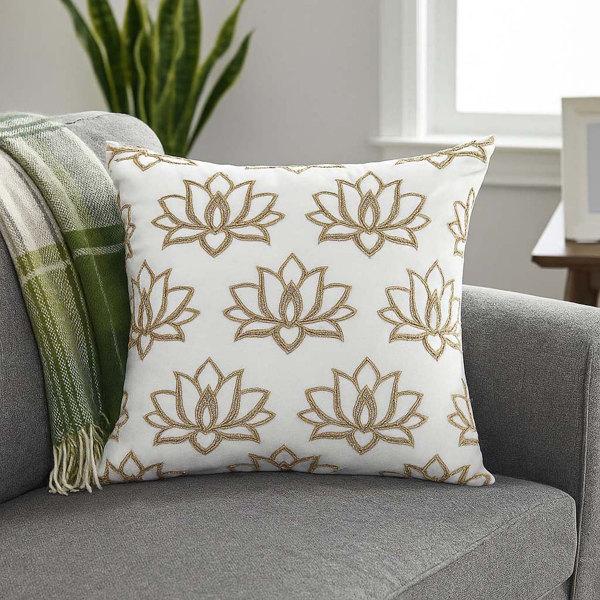 Multi Lotus Pattern Fabric Cushion Cover- Off-white