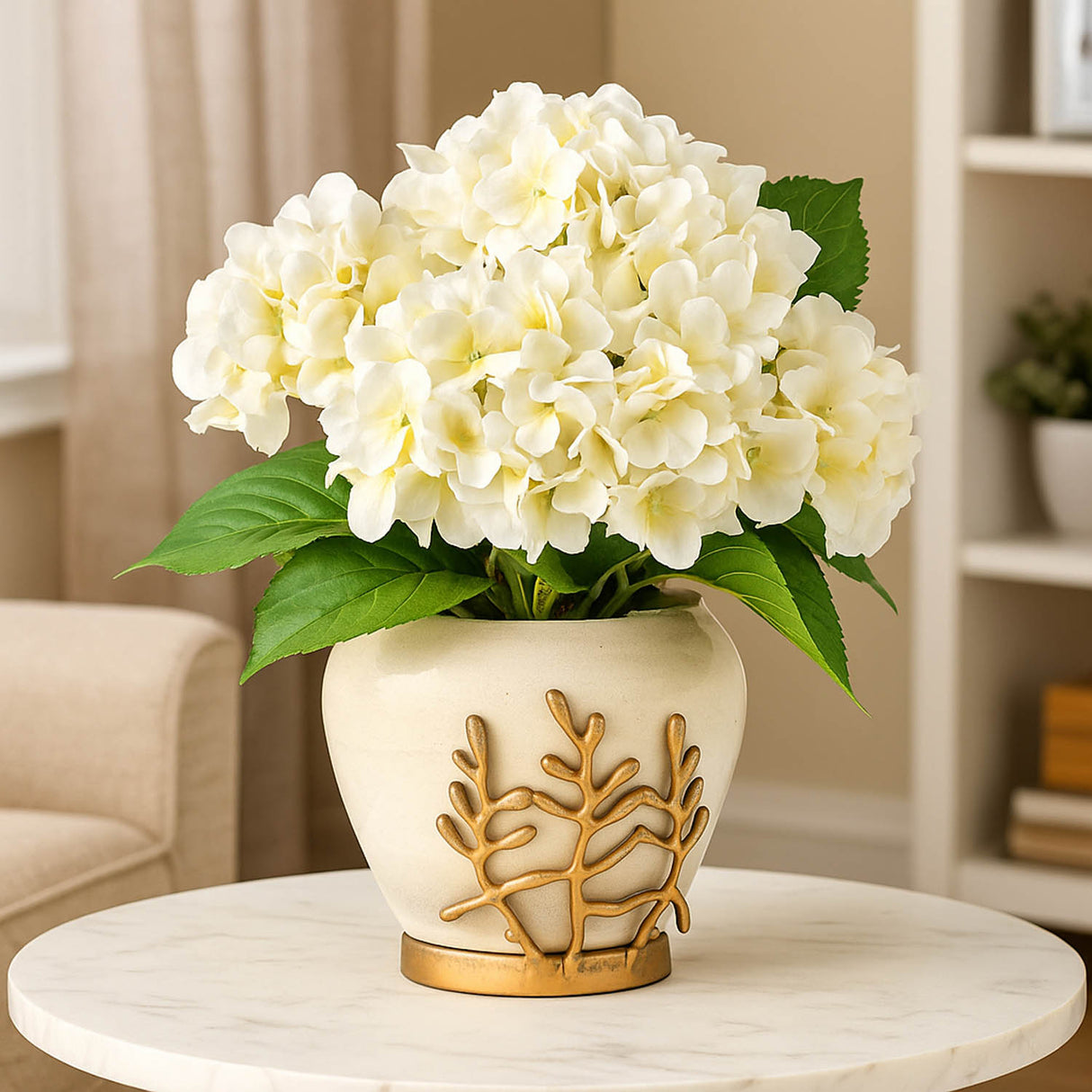 Decorative Droplet Broad Vase with Golden Branch Small- Beige and Gold