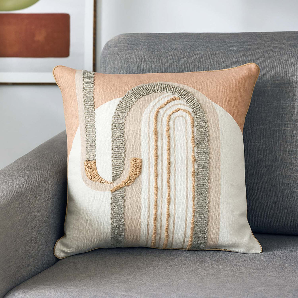 Tufting Arch Cotton Cushion Cover- Beige and Grey