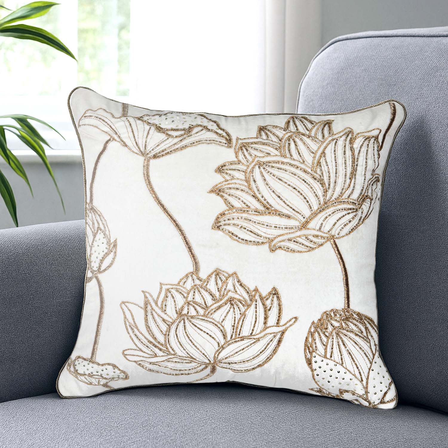 Multi Lotus Bloom Pattern Fabric Cushion Cover- Off-white