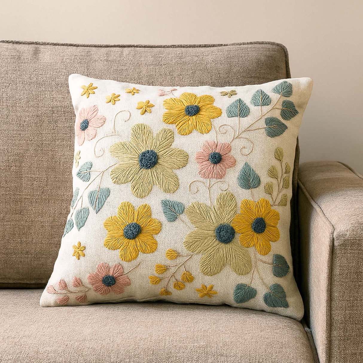 Floral Embroidery Cotton Cushion Cover- Beige and Green