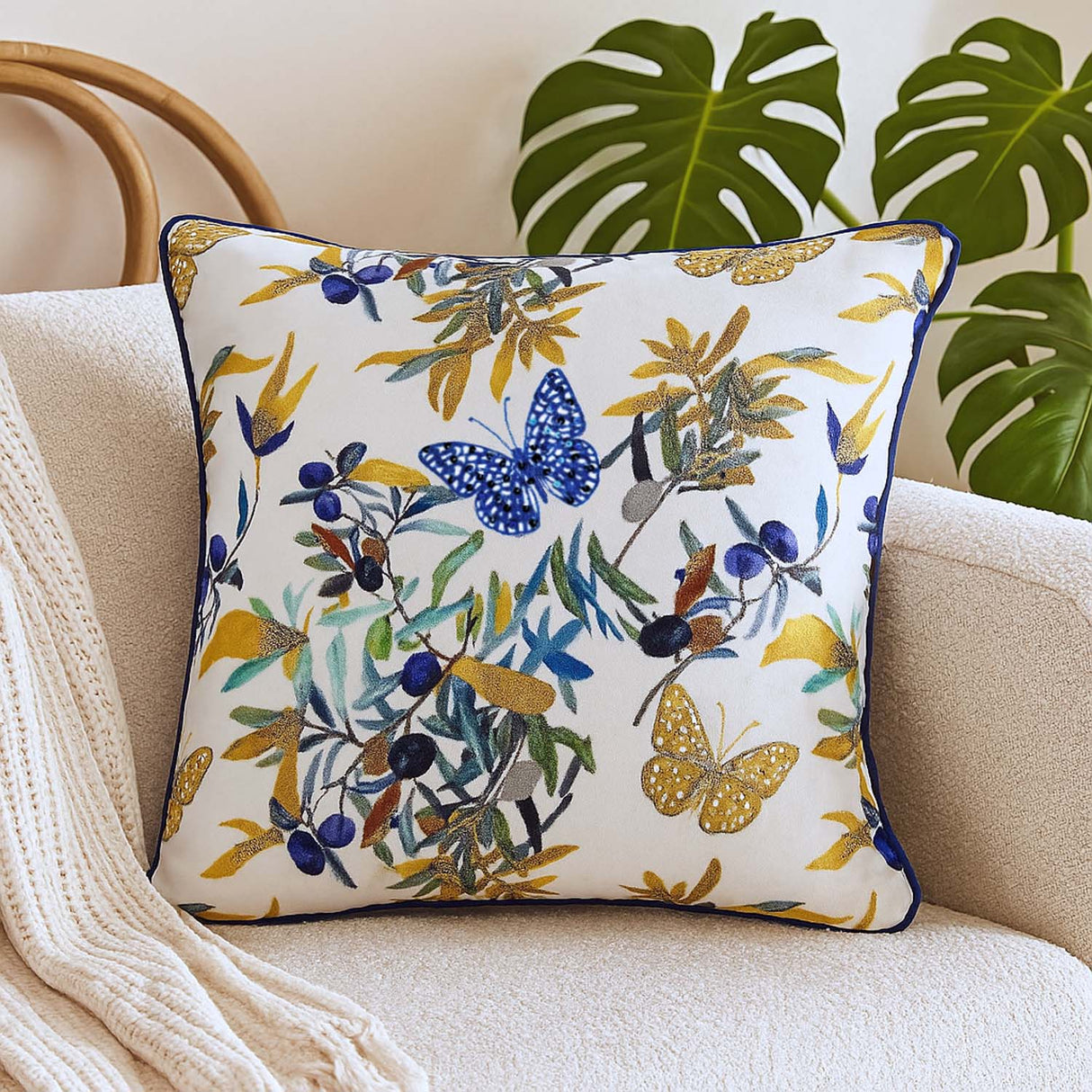 Tropical Butterfly Cotton & Viscose 16" x 16" Cushion Cover- Multicolor