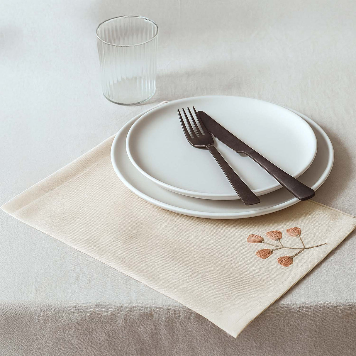 Floral Embroidery Cotton Table Napkins Set of 4- Beige and Green