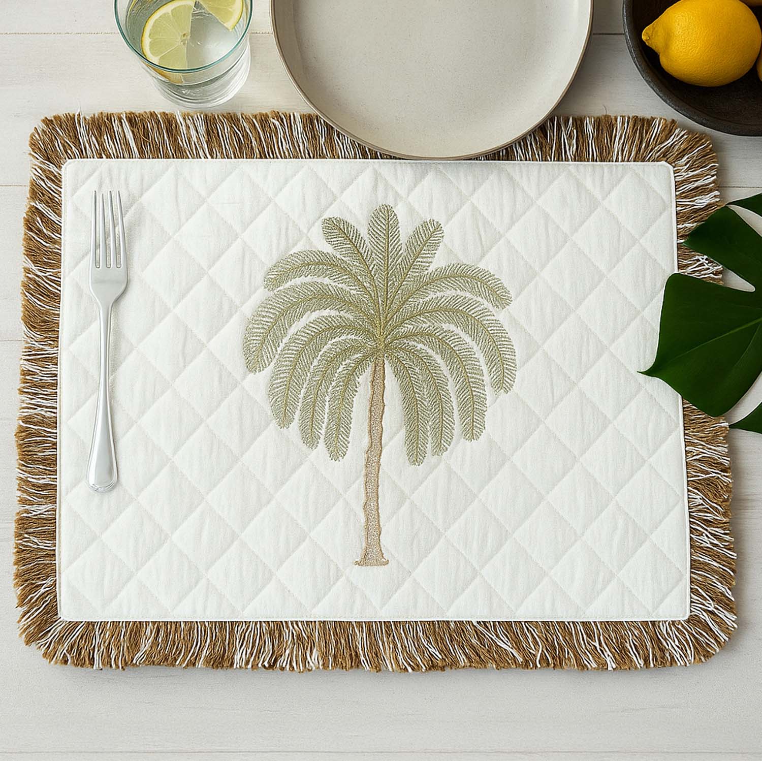 Palm Tree Embroidery Cotton Table Placemat- Beige and Brown