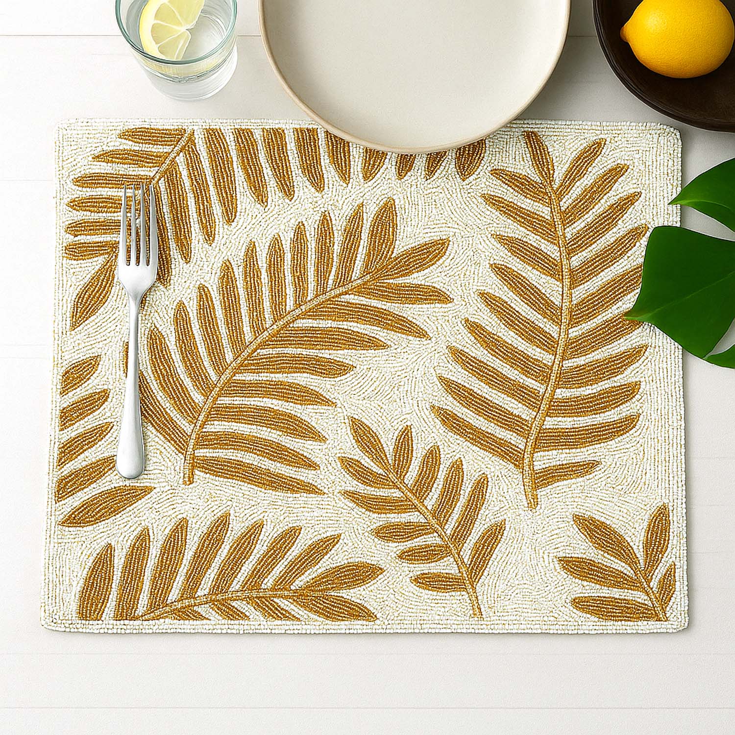 Leaf Beaded Polyester Table Placemat- Gold