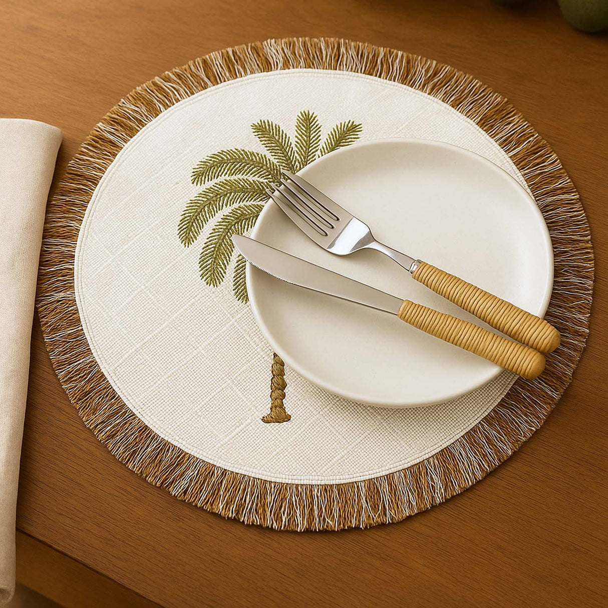 Palm Tree Embroidery Round Cotton Table Placemat- Beige and Brown