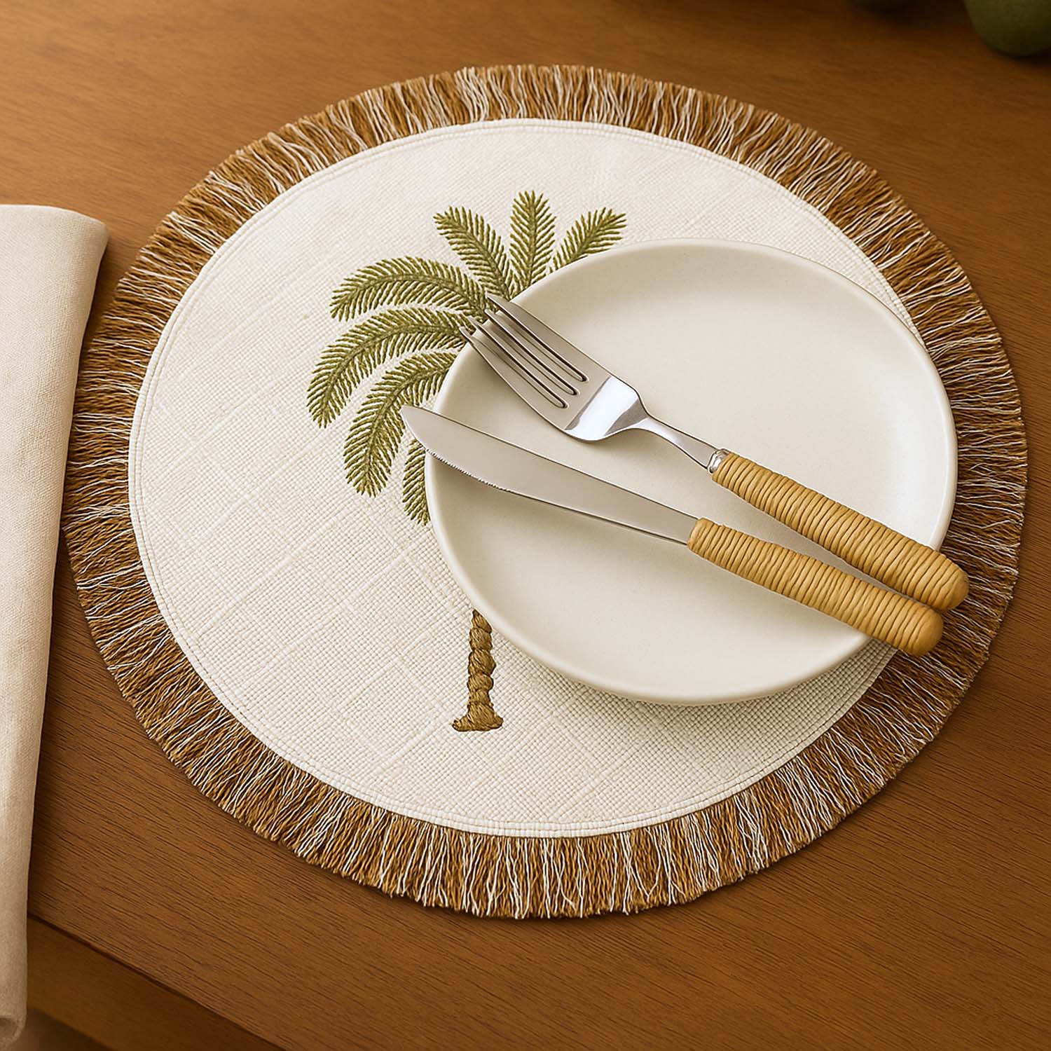 Palm Tree Embroidery Round Cotton Table Placemat- Beige and Brown