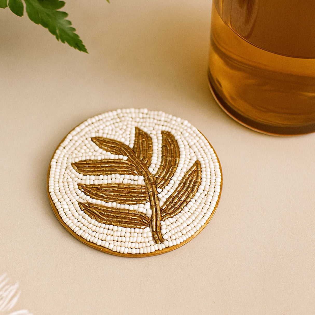 Leaf Beaded Round Polyester Coasters Set of 4- Gold