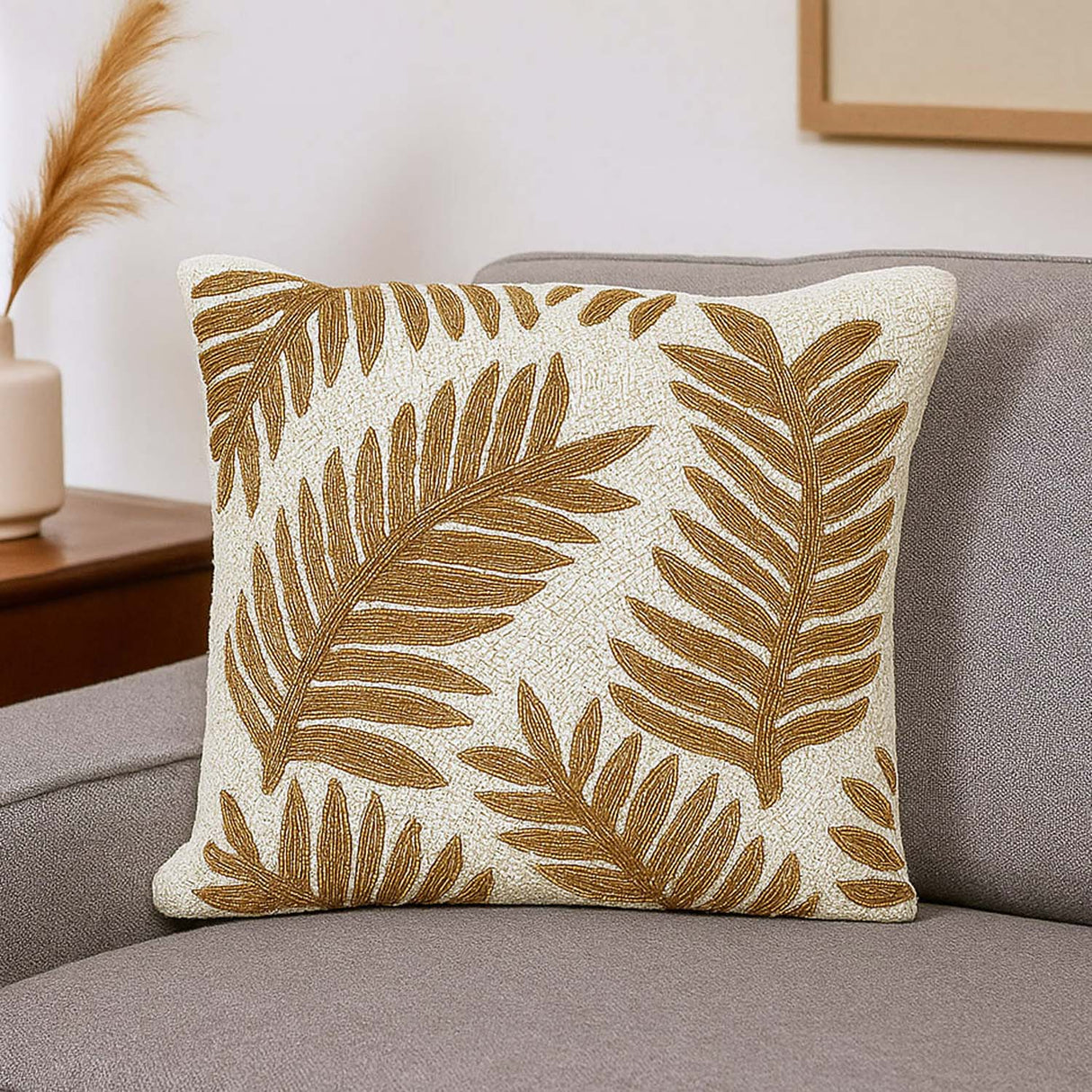 Leaf Beaded Polyester Cushion Cover- Gold