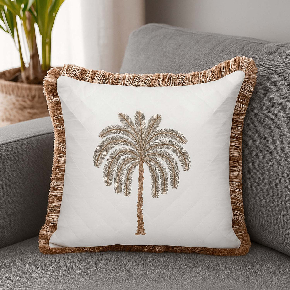 Palm Tree Embroidery Cotton Cushion Cover- Beige and Brown