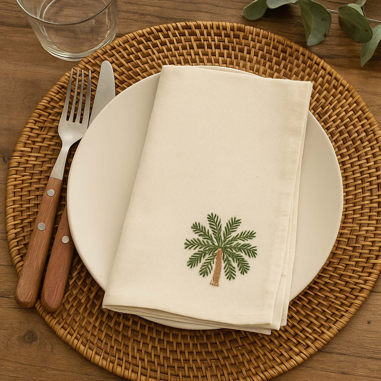 Palm Tree Embroidery Cotton Table Napkins Set of 4- Beige and Brown