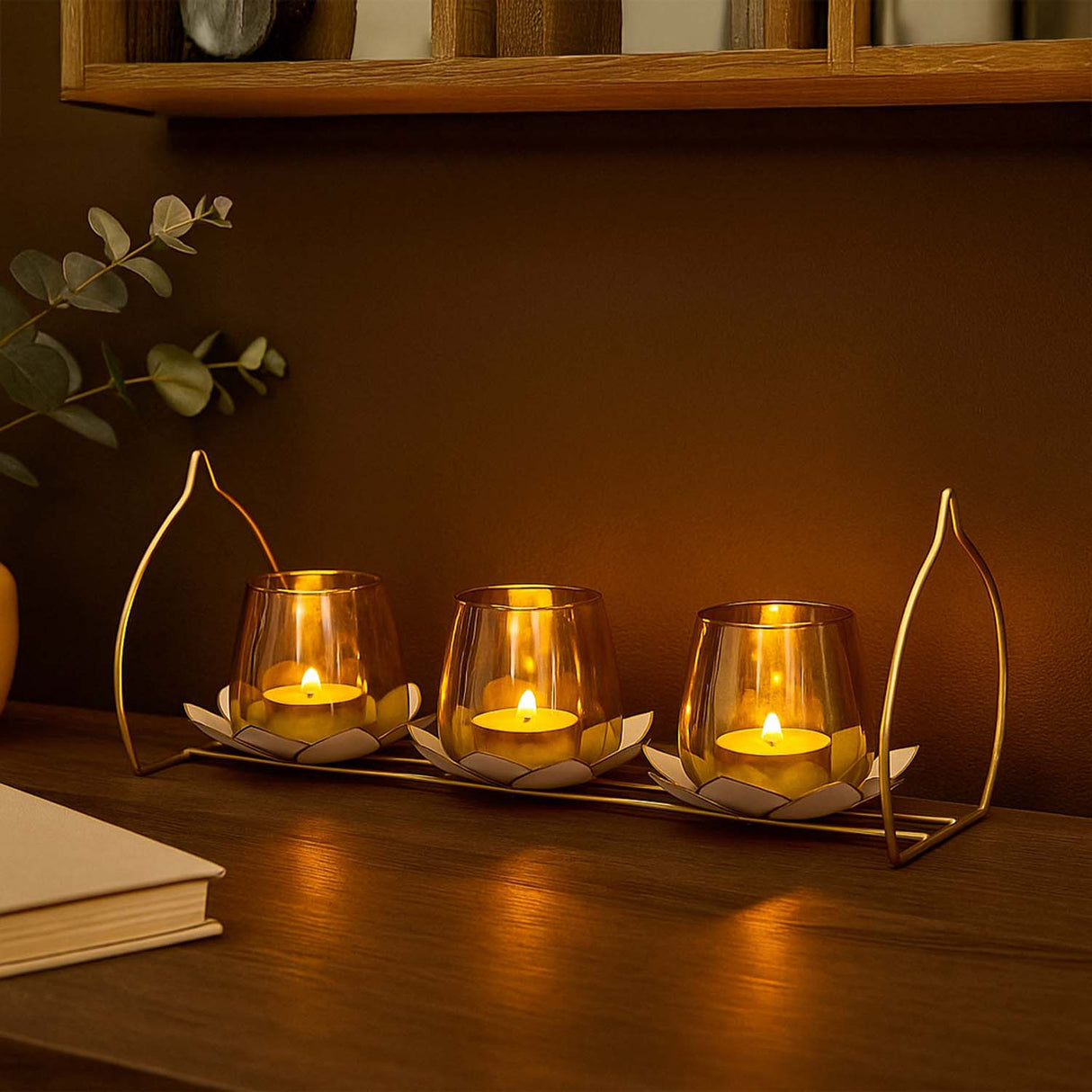 Decorative Lotus Trio Candle Stand- Gold