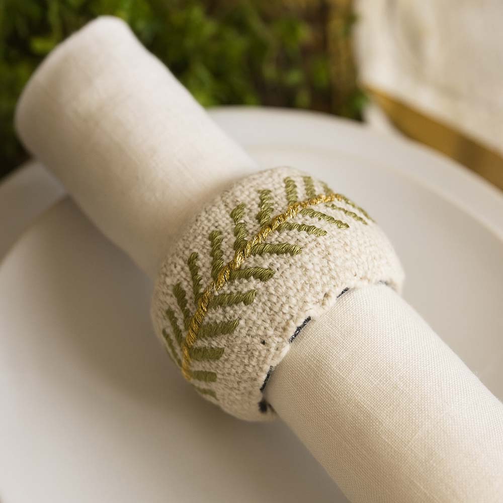 Palm Tree Embroidery Napkin Rings Set of 4- Beige and Brown