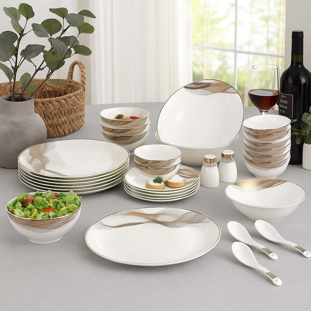 36 Pieces Swirl Porcelain Dinner Set- White and Gold