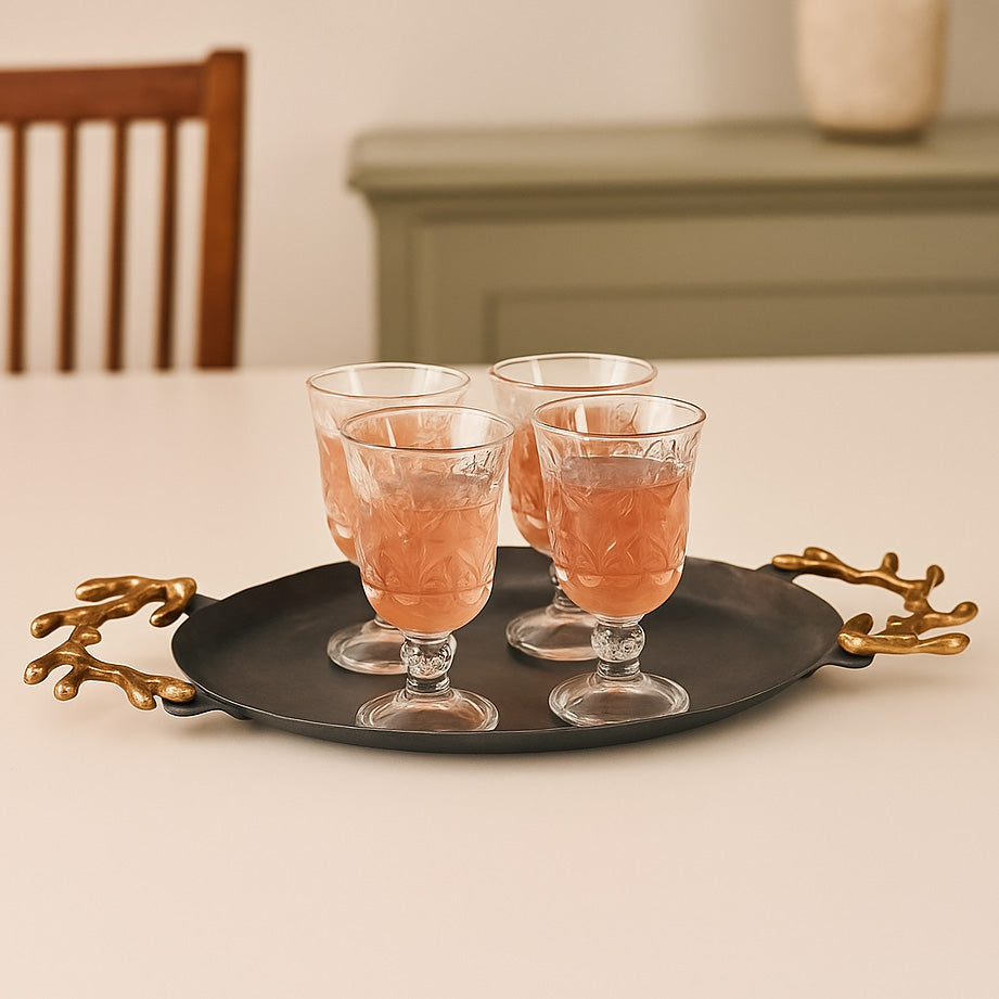 Oval Serving Platter with Golden Granch Handle Small- Grey and Gold