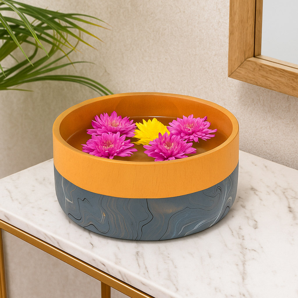 Decorative Dual Marble Tone Round Urli- Brown and Grey