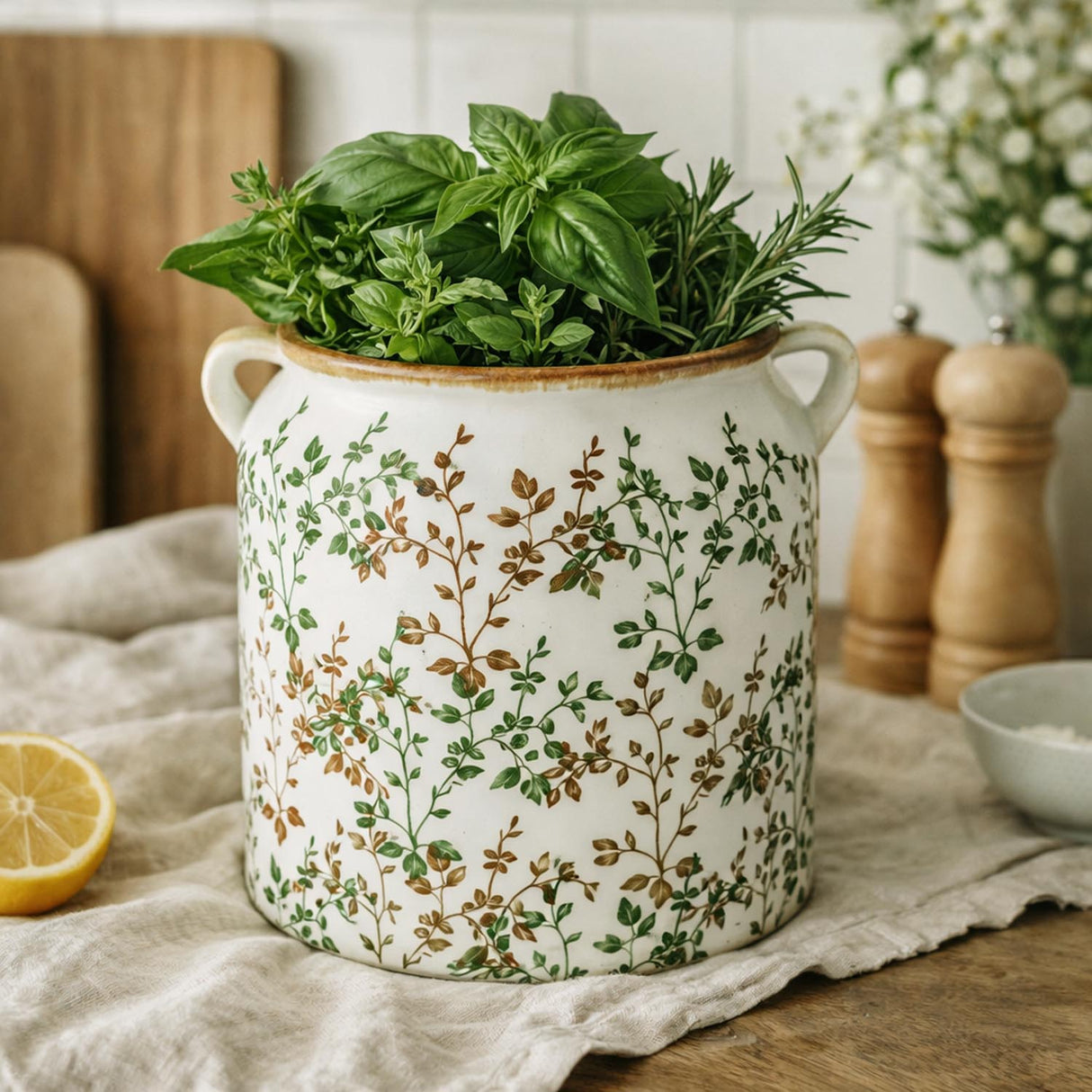 Floral Ceramic Pot Vase with Ears- Green