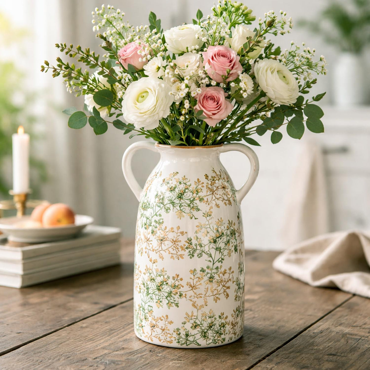 Floral Ceramic Vase with Ears Small- Green
