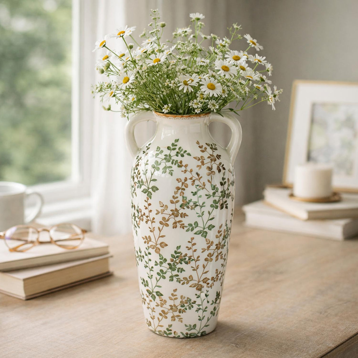 Floral Ceramic Vase with Ears Large- Green
