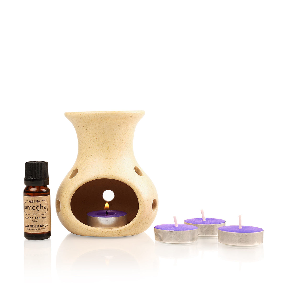IRIS Amogha Lavender Khus Fragrance Vaporizer with 4 Tealights and Vaporizer Oil (10 ml)