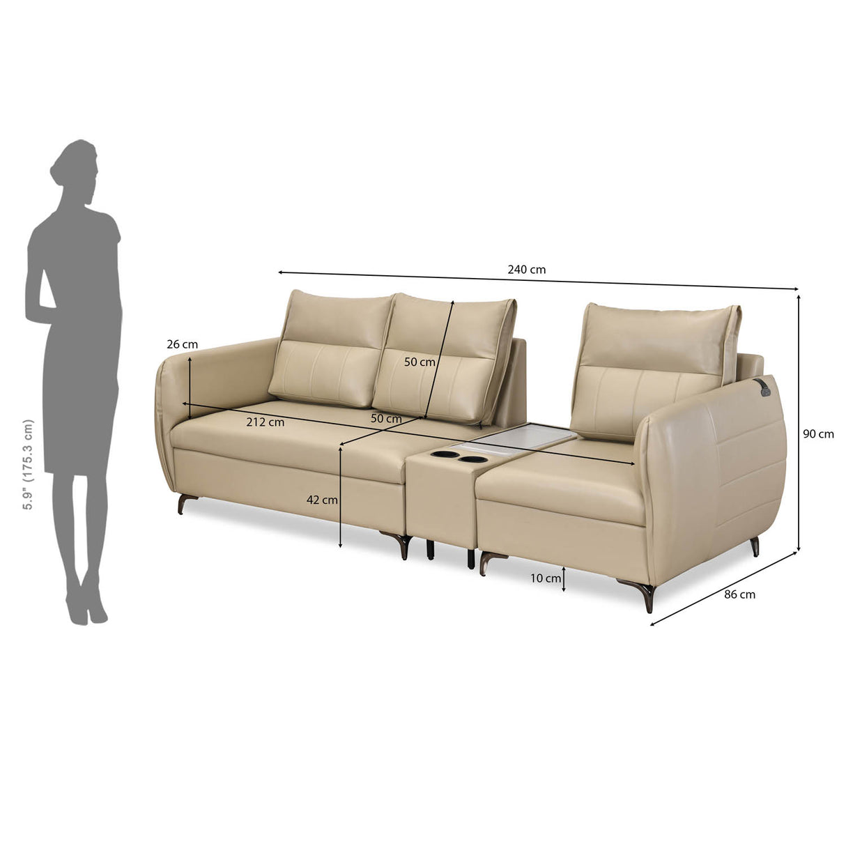 Infinia 2+1 Seater Leatherette Sofa Set with Rectangle Console- Beige