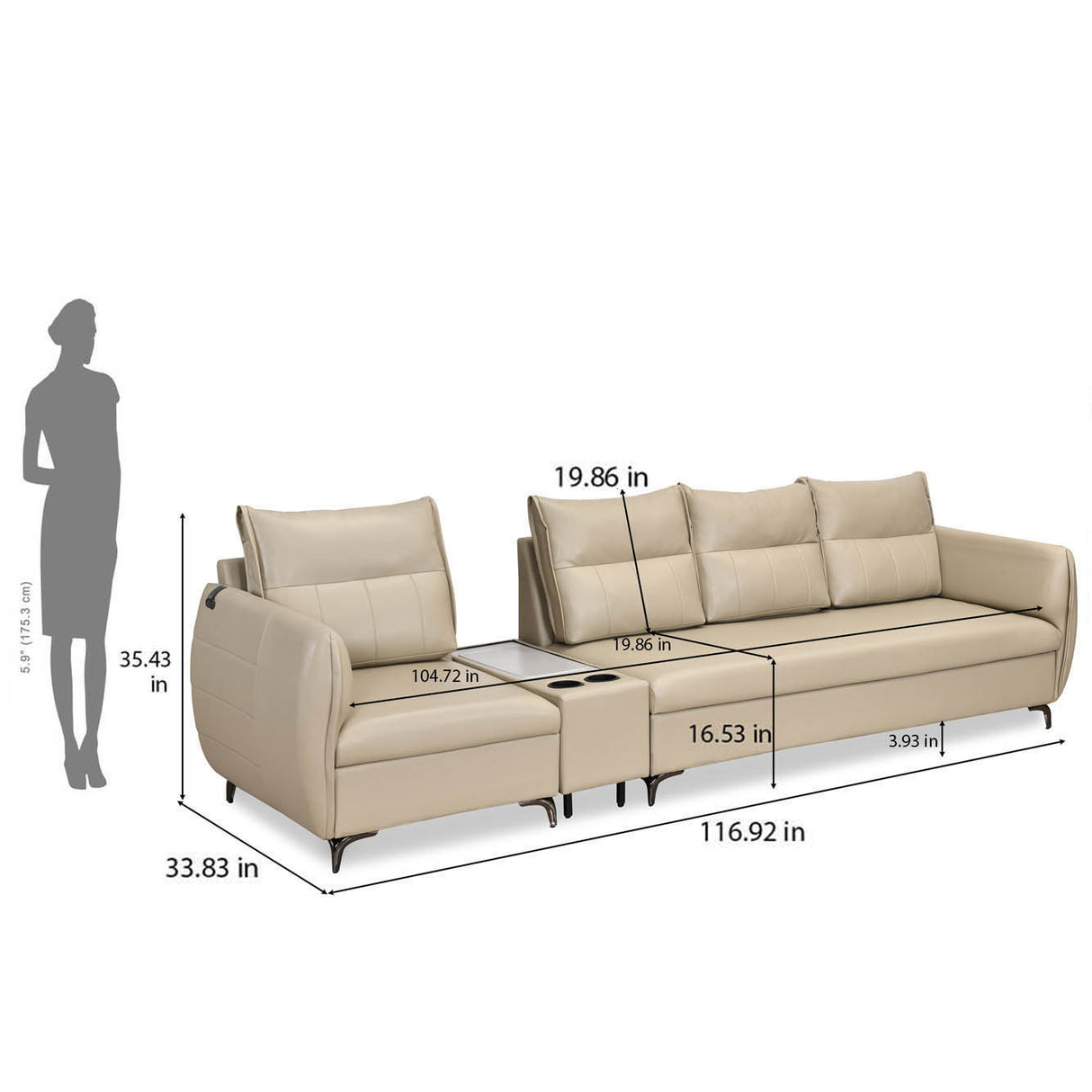 Infinia 1+3 Seater Leatherette Sofa Set with Rectangle Console- Beige