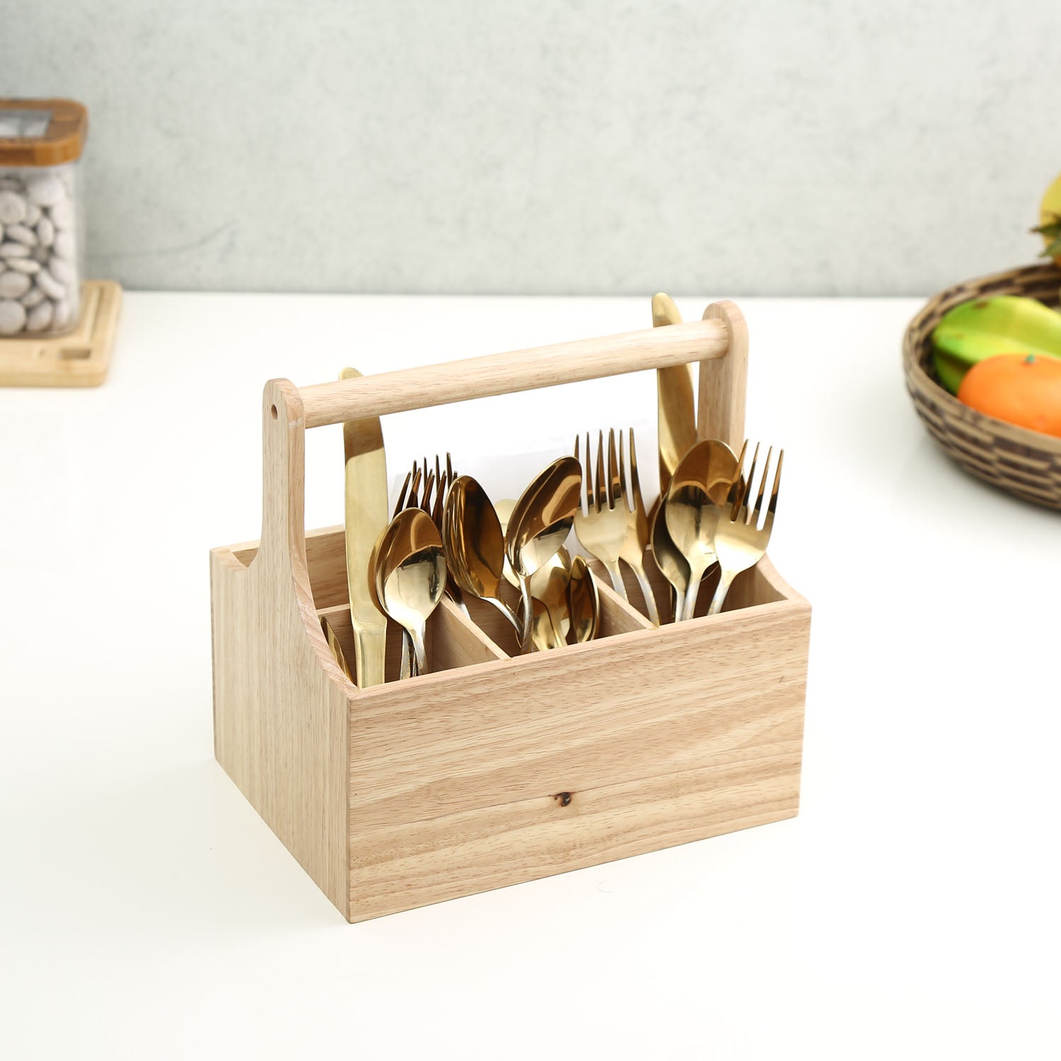 Four Sectional Wooden Organiser Box (Light Brown)