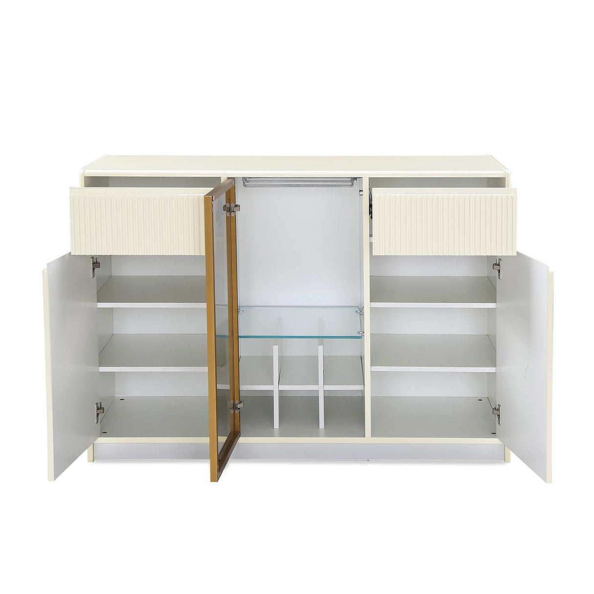 Ivory white sideboard cabinet with open shelves and glass rack 2