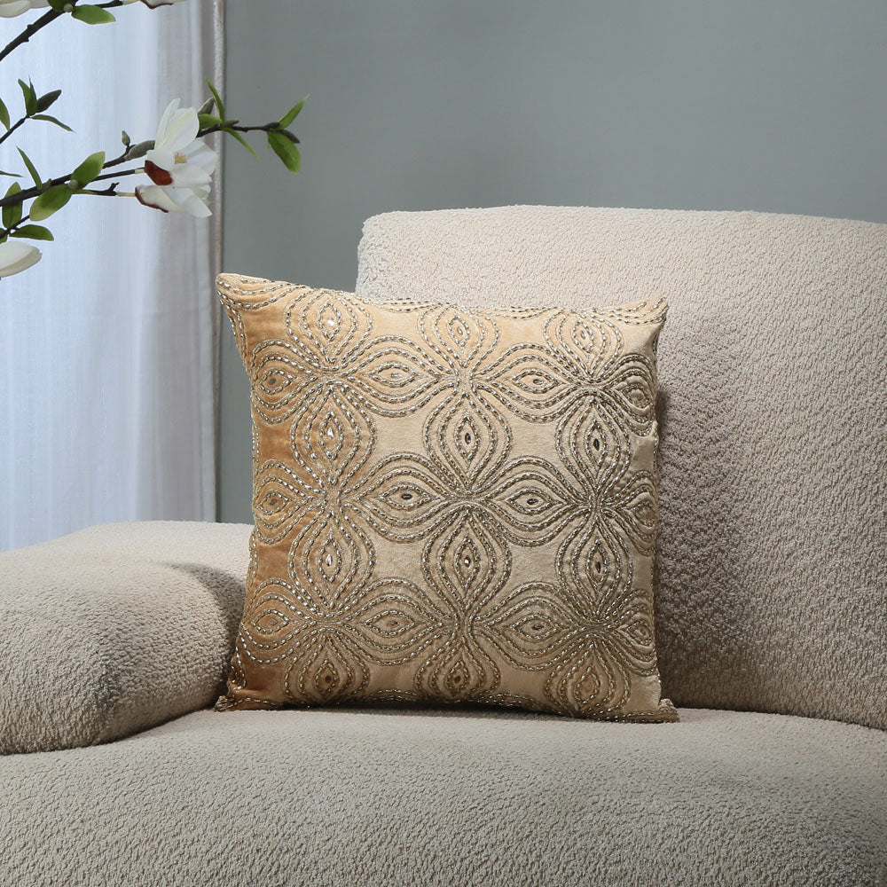 Nilkamal Floral Beaded 16" x 16" Cushion Cover (Gold) - 02