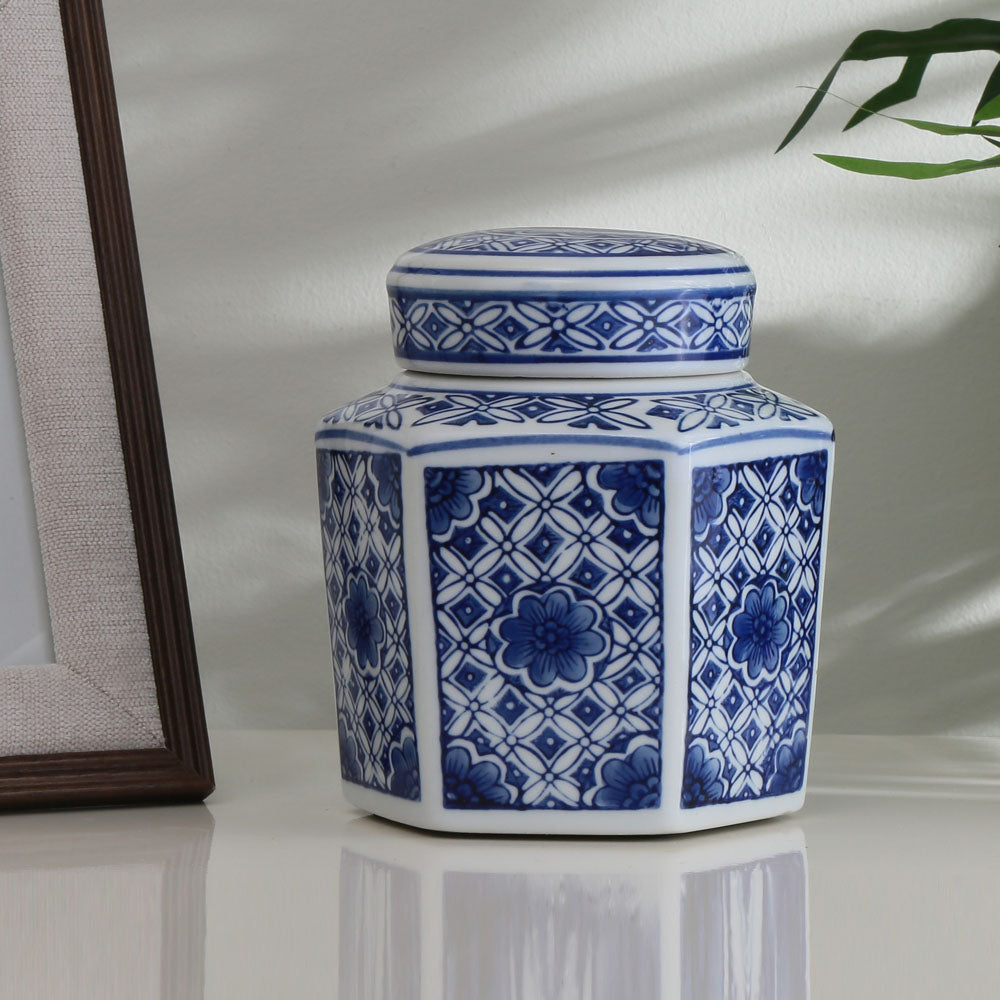 Nilkamal Decorative Geometric Porcelain Jar Vase with Lid (Blue & White)