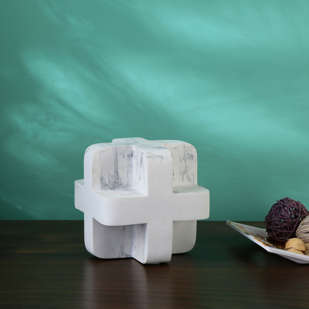 Nilkamal Cross Cube Marble Finish Polyresin Table Decor Showpiece (White)