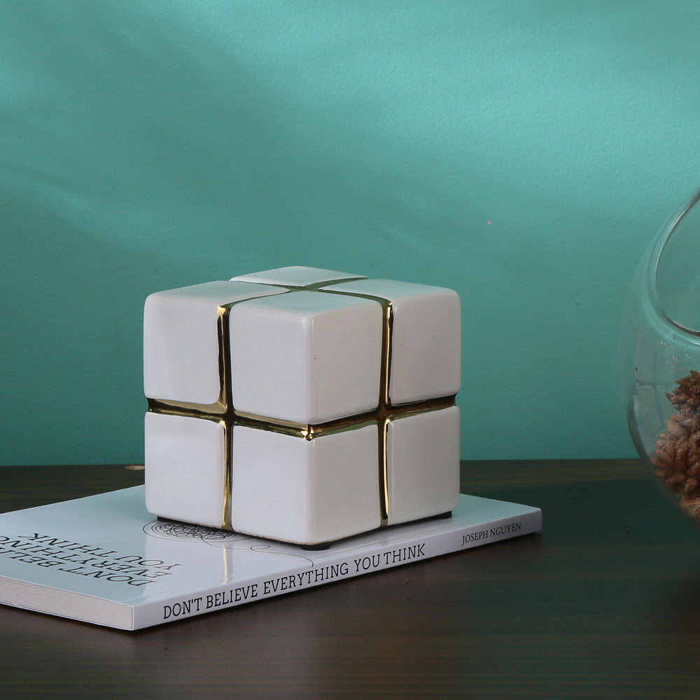 Nilkamal Decorative Ceramic Cube Showpiece (Small, White & Gold)