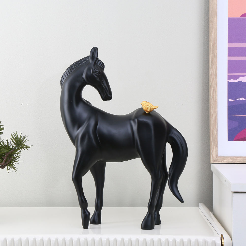 Nilkamal Horse with Bird On Back Polyresin Showpiece (Black)