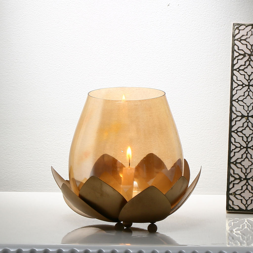 Nilkamal Decorative Lotus Metal & Glass Votive Candle Holder (Gold)