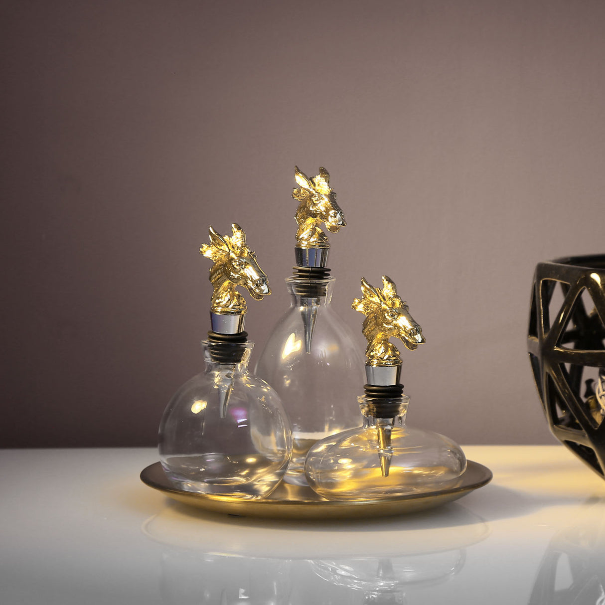 Nilkamal Decorative Horse Lid Metal & Glass Storage Containers Set of 3 (Gold)