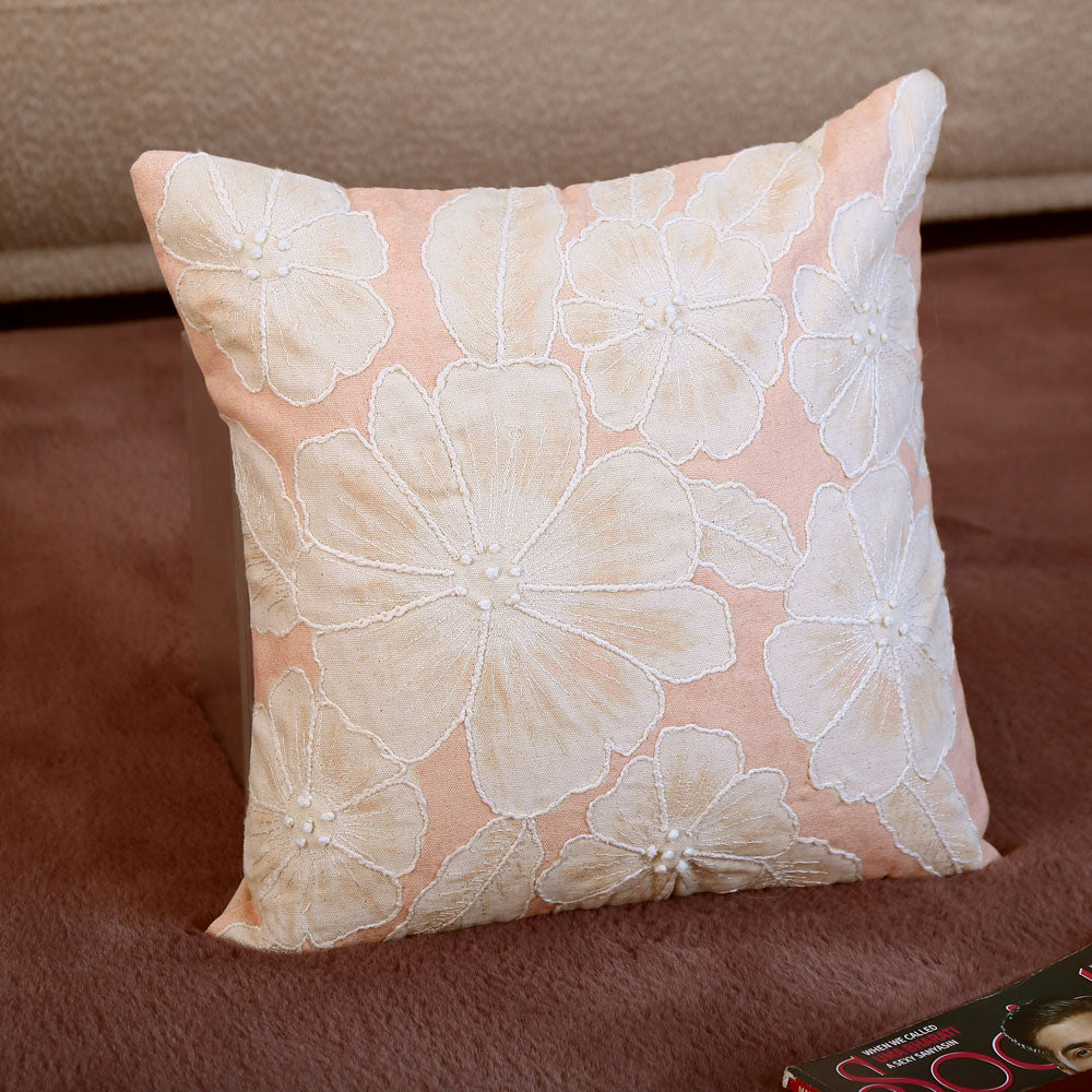 Nilkamal Floral Embroidered Cotton 16" x 16" Cushion Cover (Peach)