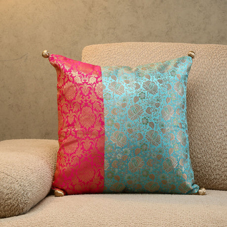 Nilkamal Brocade Floral Polyester 16" x 16" Filled Cushion (Pink & Blue)